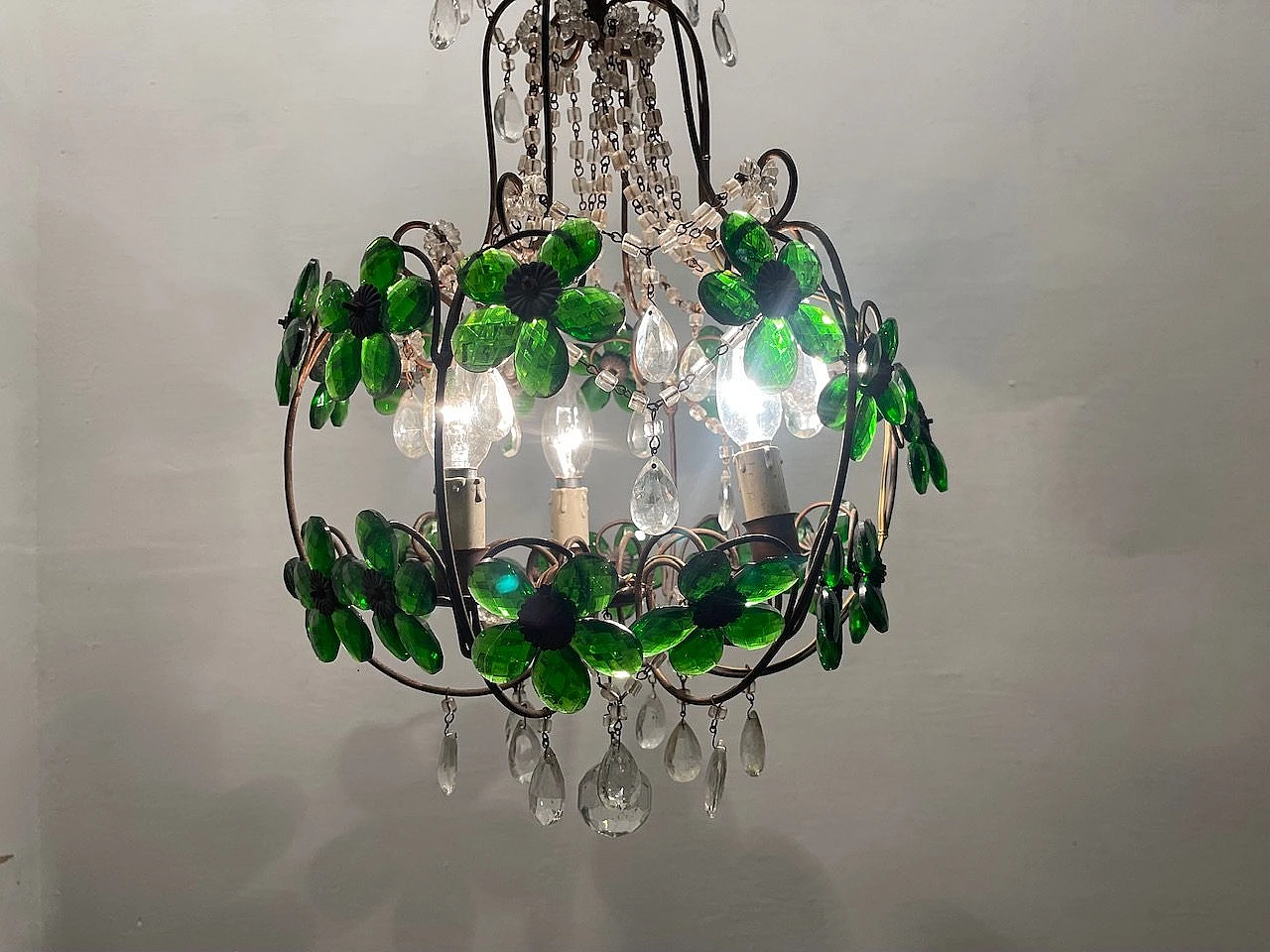 Bronze chandelier with green Murano glass flowers, 1950s 2