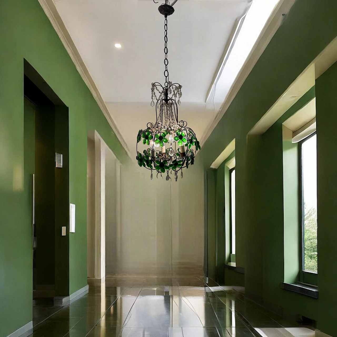 Bronze chandelier with green Murano glass flowers, 1950s 3