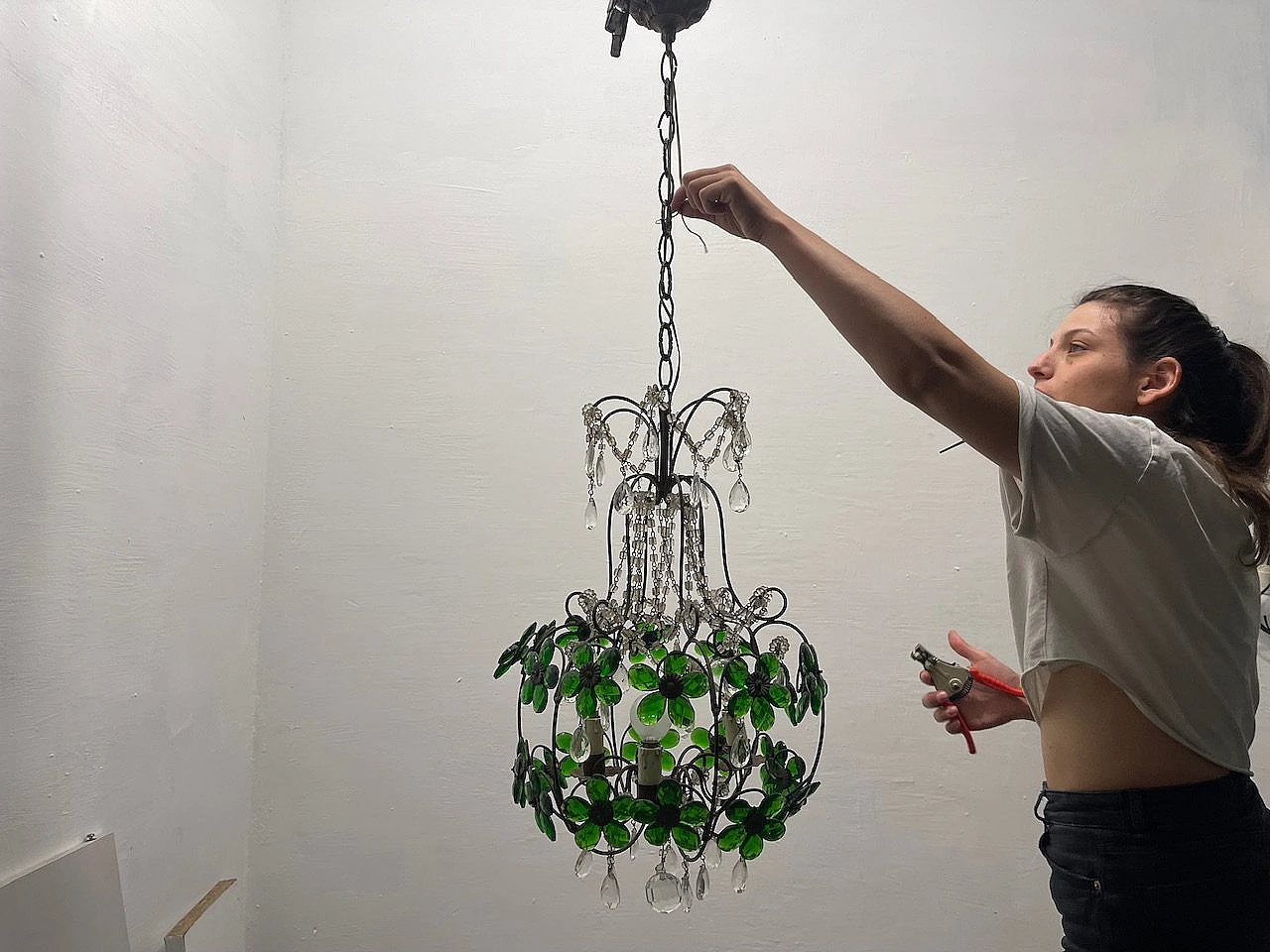 Bronze chandelier with green Murano glass flowers, 1950s 6