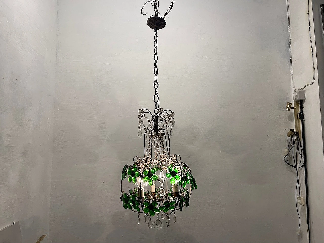 Bronze chandelier with green Murano glass flowers, 1950s 8