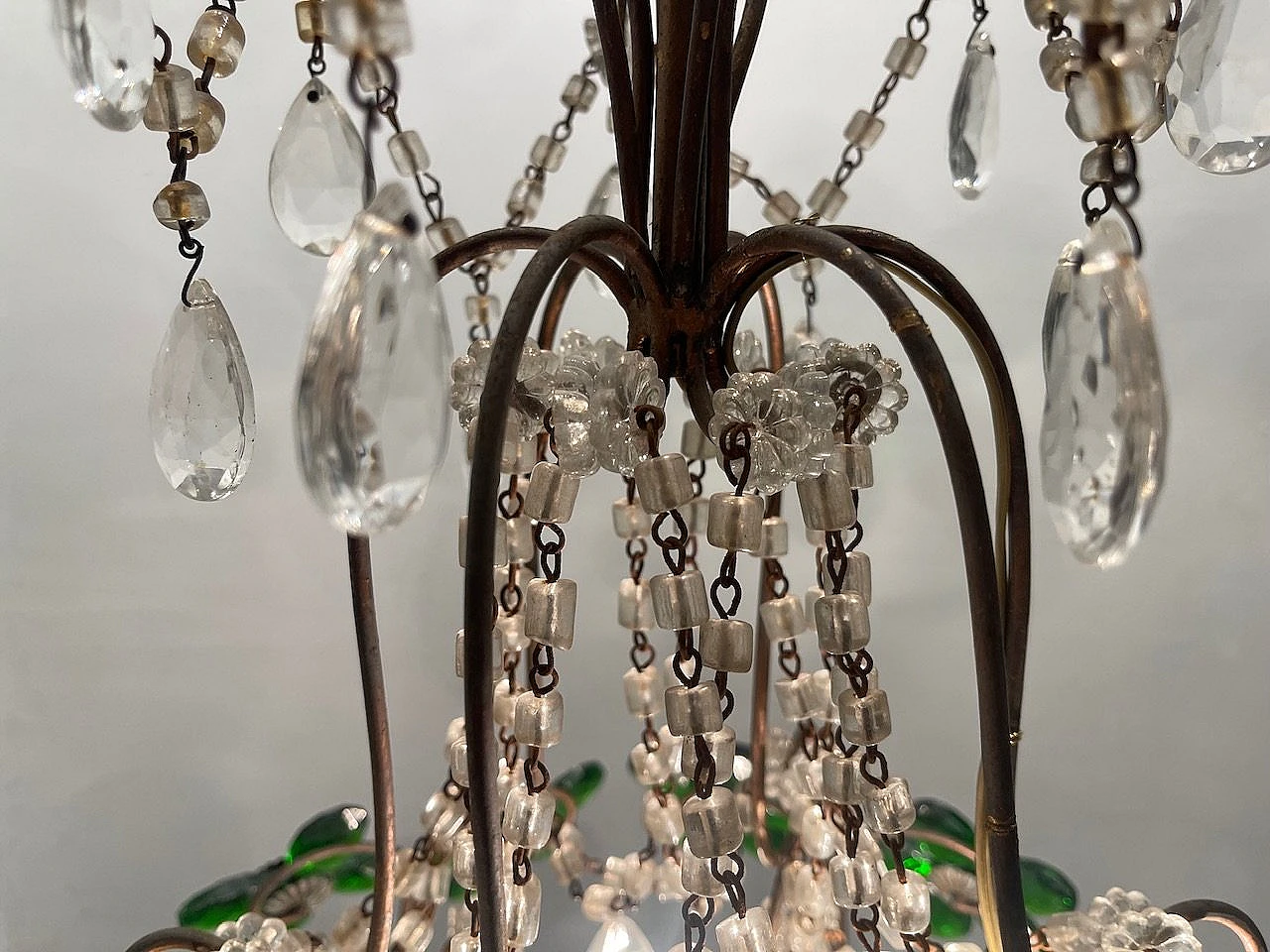 Bronze chandelier with green Murano glass flowers, 1950s 9