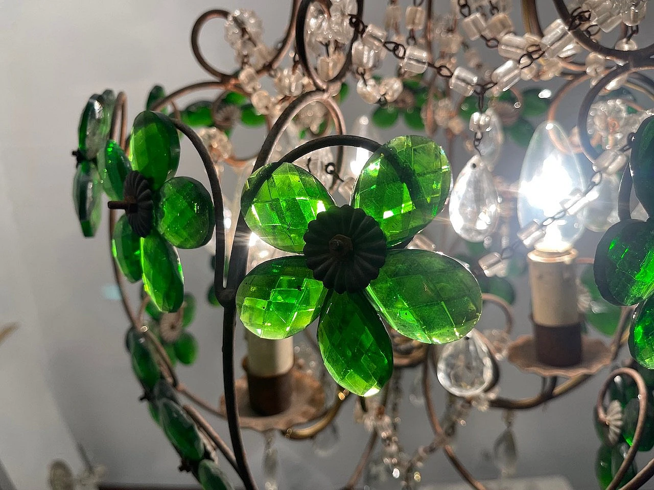 Bronze chandelier with green Murano glass flowers, 1950s 10