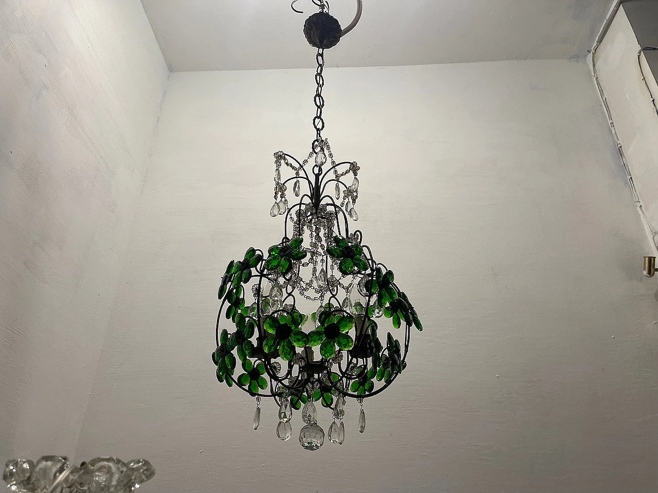 Bronze chandelier with green Murano glass flowers, 1950s 11