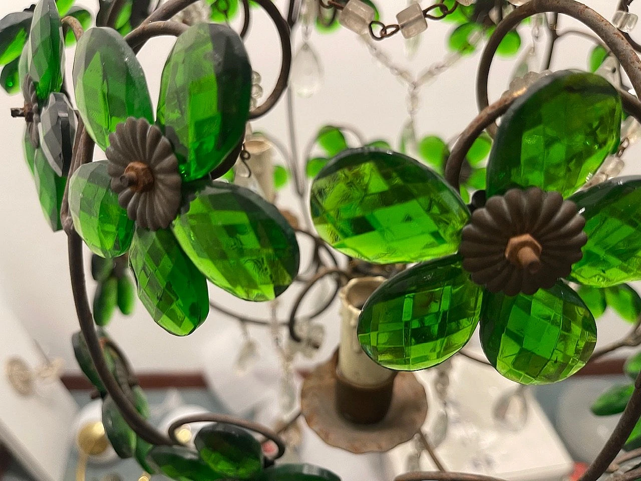 Bronze chandelier with green Murano glass flowers, 1950s 12