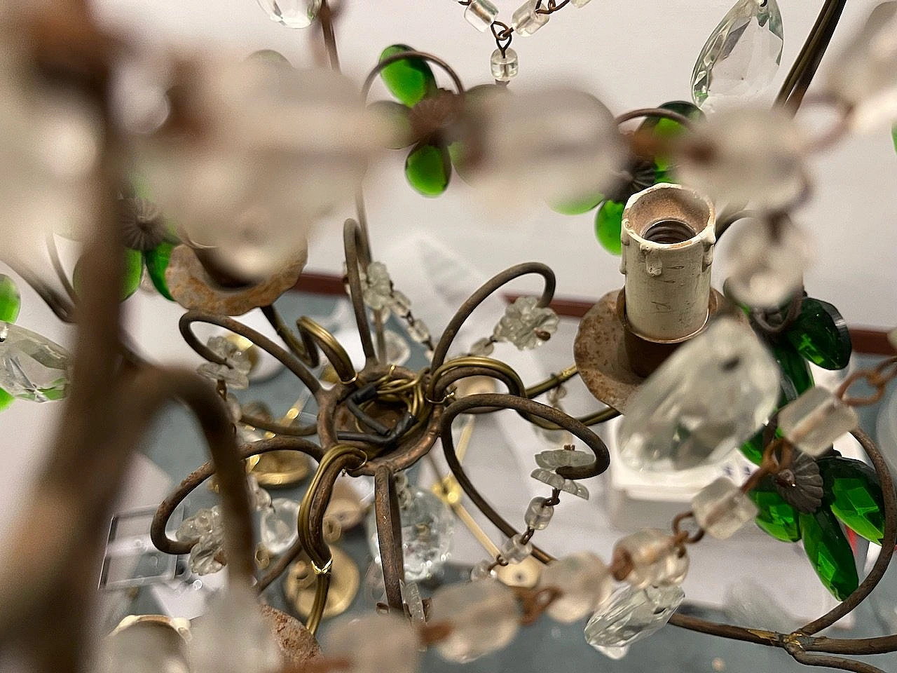 Bronze chandelier with green Murano glass flowers, 1950s 13