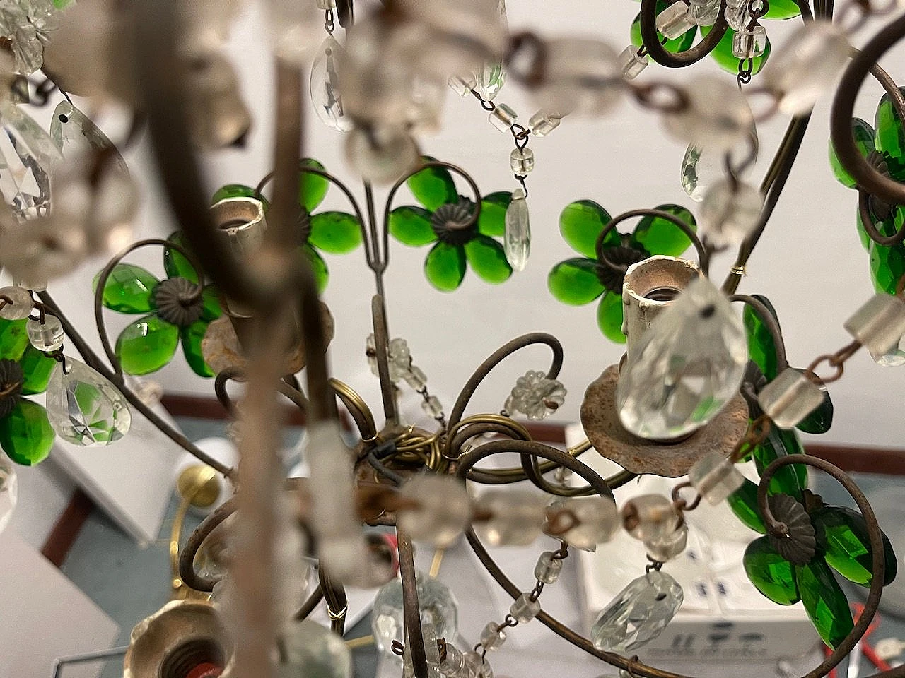 Bronze chandelier with green Murano glass flowers, 1950s 15