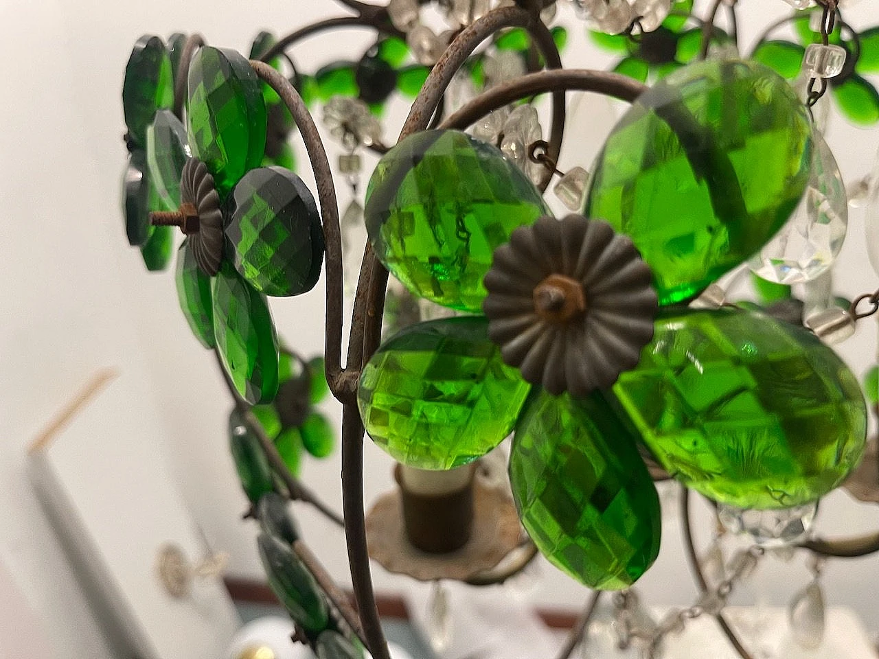 Bronze chandelier with green Murano glass flowers, 1950s 16