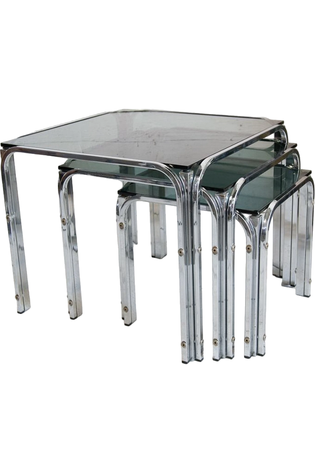 3 Nesting tables in chromed metal and smoked glass, 1970s 11