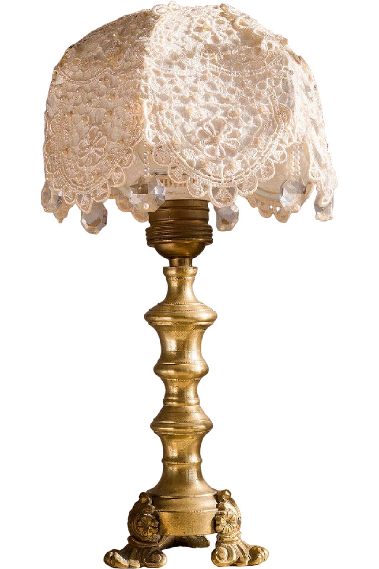 Lampada da tavolo in ottone e paralume in organza e perle, anni '40 6