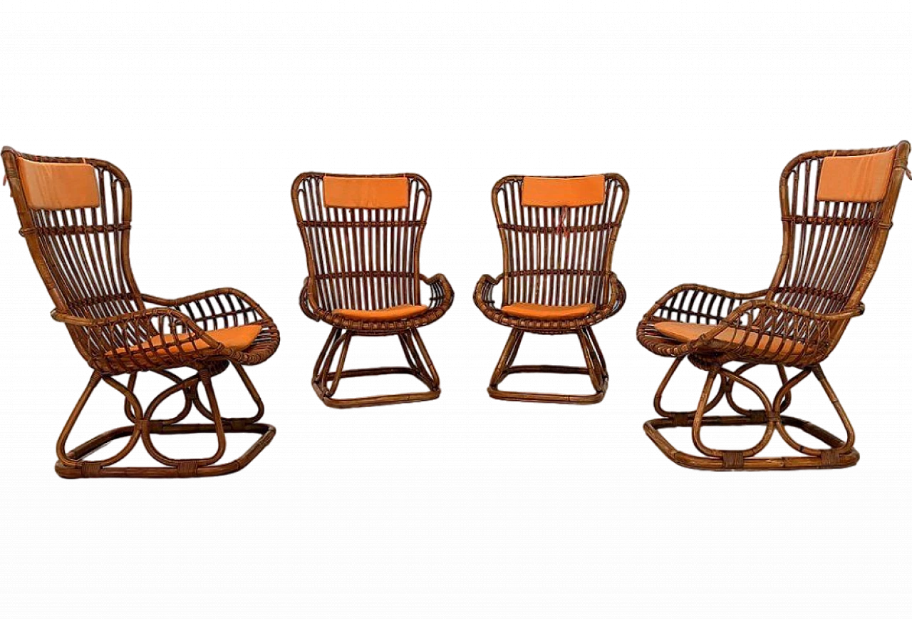 4 Armchairs in bamboo with orange cushions, 1970s 22