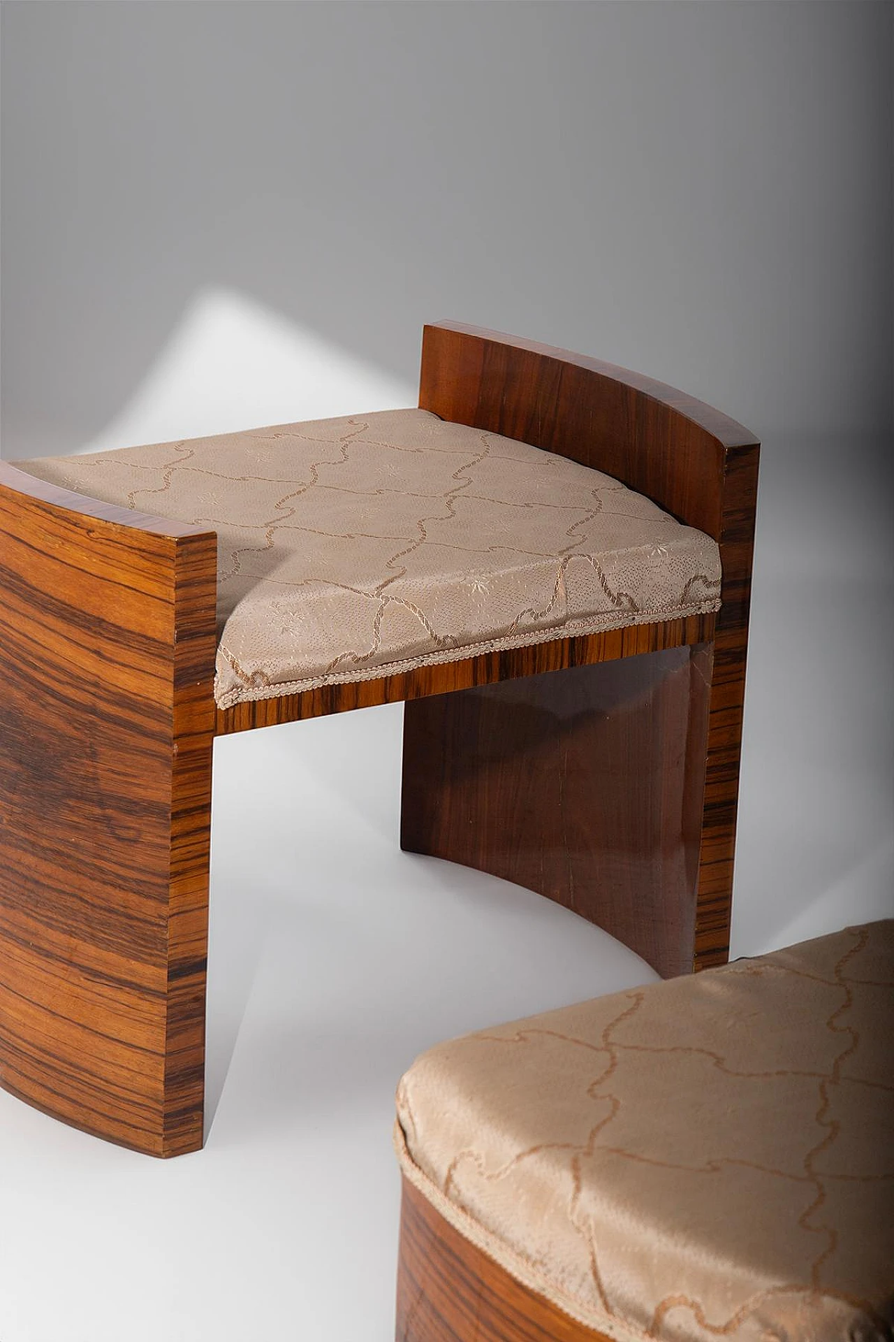 3 Art Deco stools in briar-root and fabric, 1940s 6