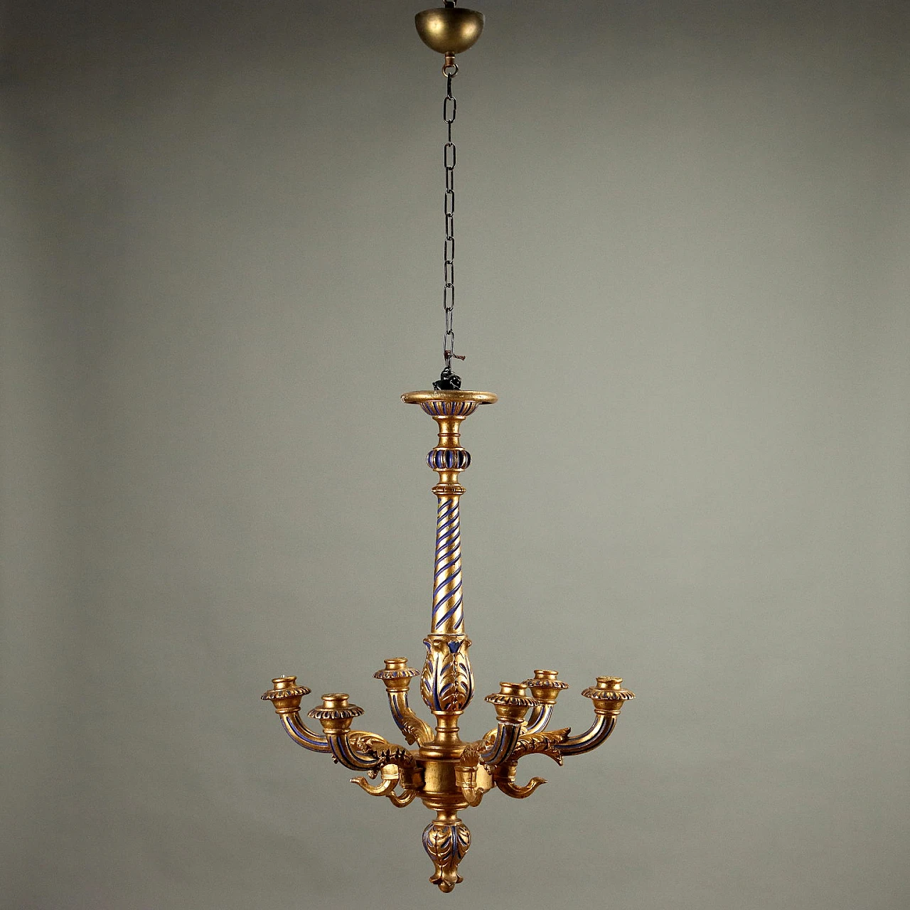 Neoclassical style chandelier in carved, gilded and painted wood 1