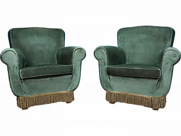 Pair of green velvet Bergère armchairs with fringes, 1950s