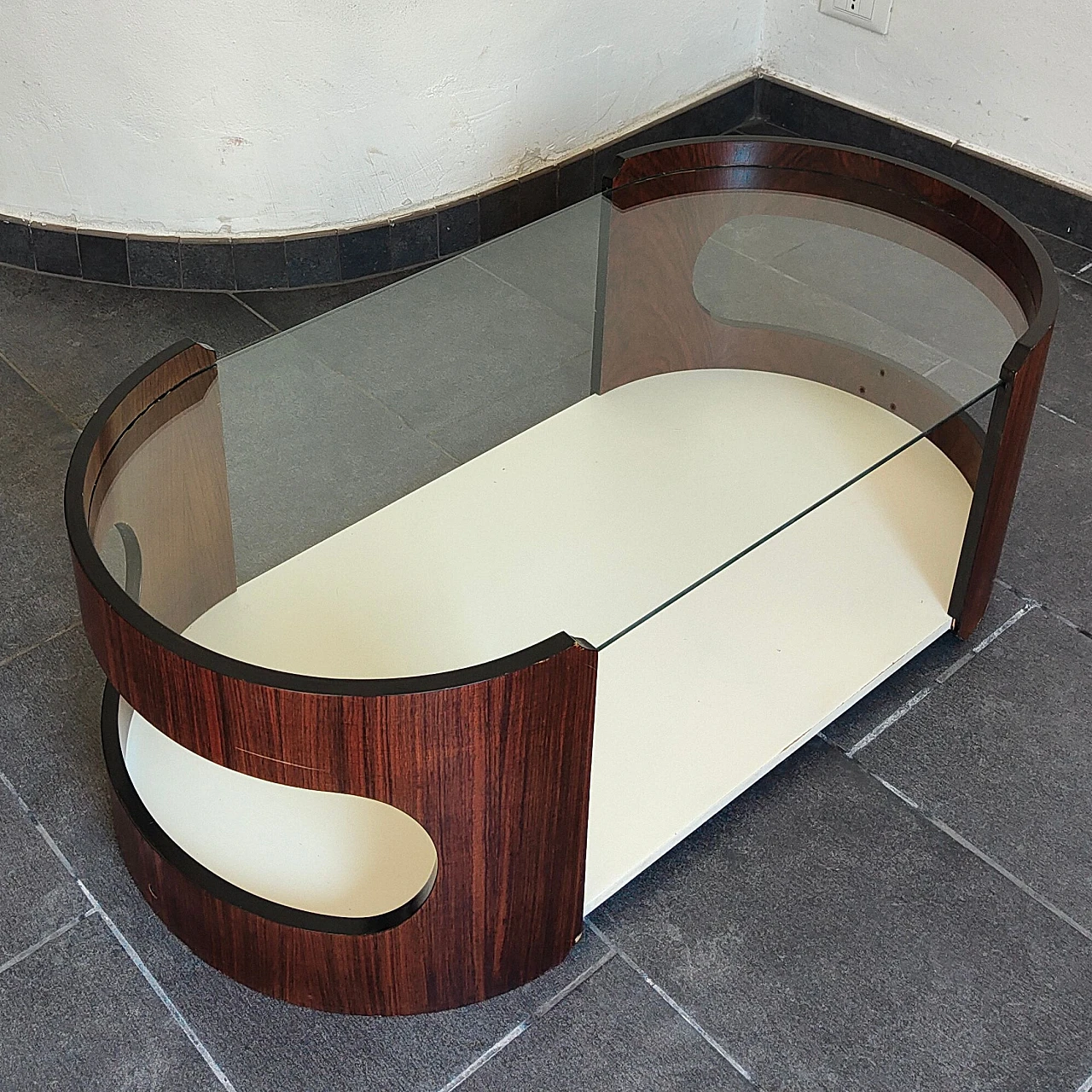 Bent wood and glass coffee table in the style of Joe Colombo, 1970s 4