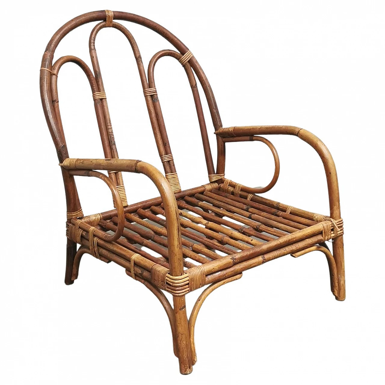 Low bamboo and rattan armchair, 1970s 1