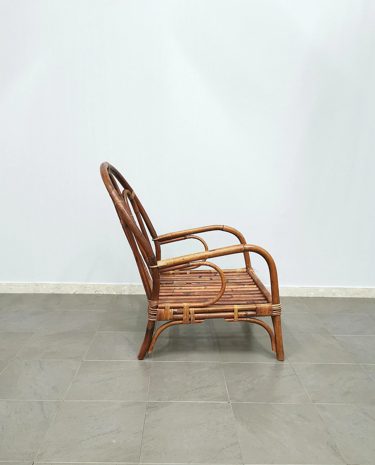 Low bamboo and rattan armchair, 1970s 3