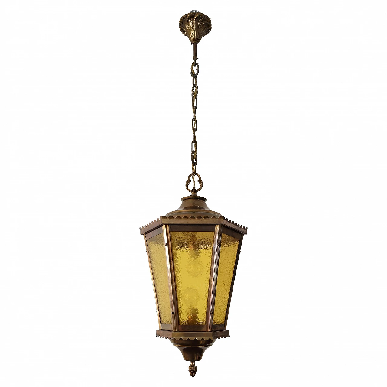 Amber cathedral glass and burnished brass lantern, 1940s 1