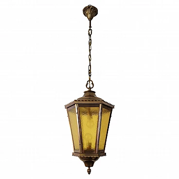 Amber cathedral glass and burnished brass lantern, 1940s