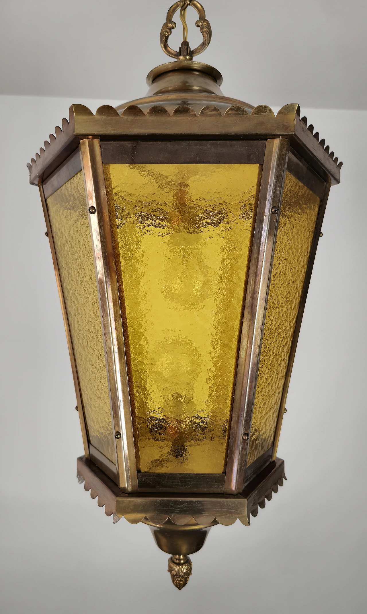 Amber cathedral glass and burnished brass lantern, 1940s 2