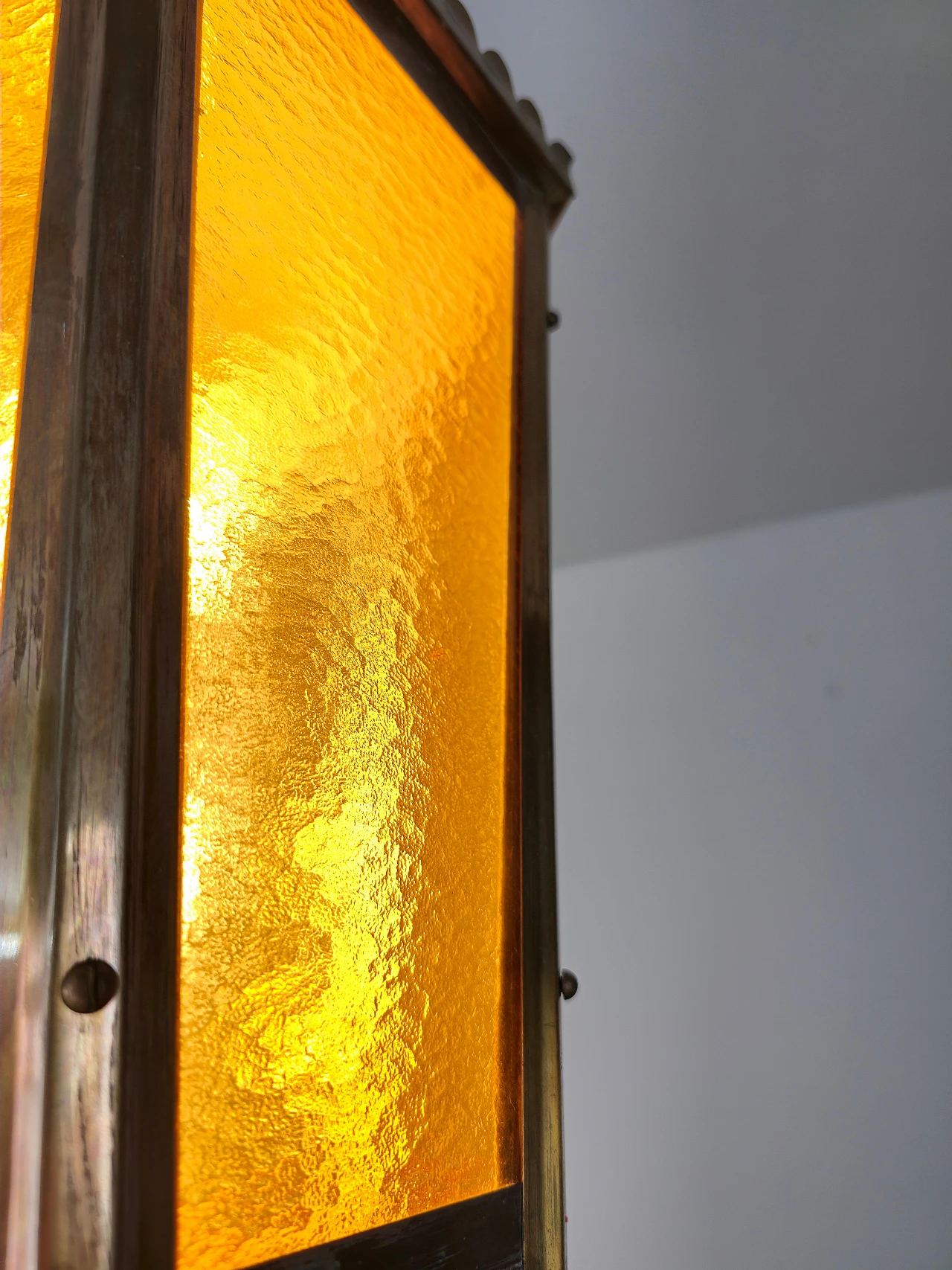 Amber cathedral glass and burnished brass lantern, 1940s 5