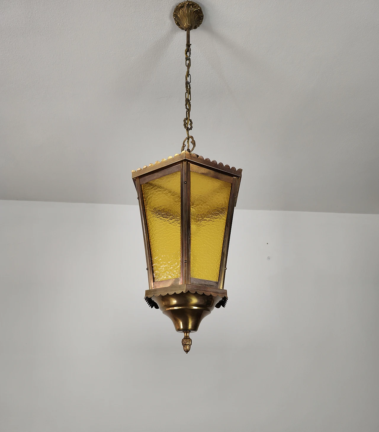 Amber cathedral glass and burnished brass lantern, 1940s 6