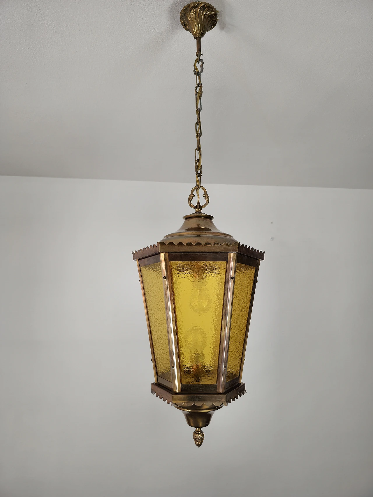 Amber cathedral glass and burnished brass lantern, 1940s 7