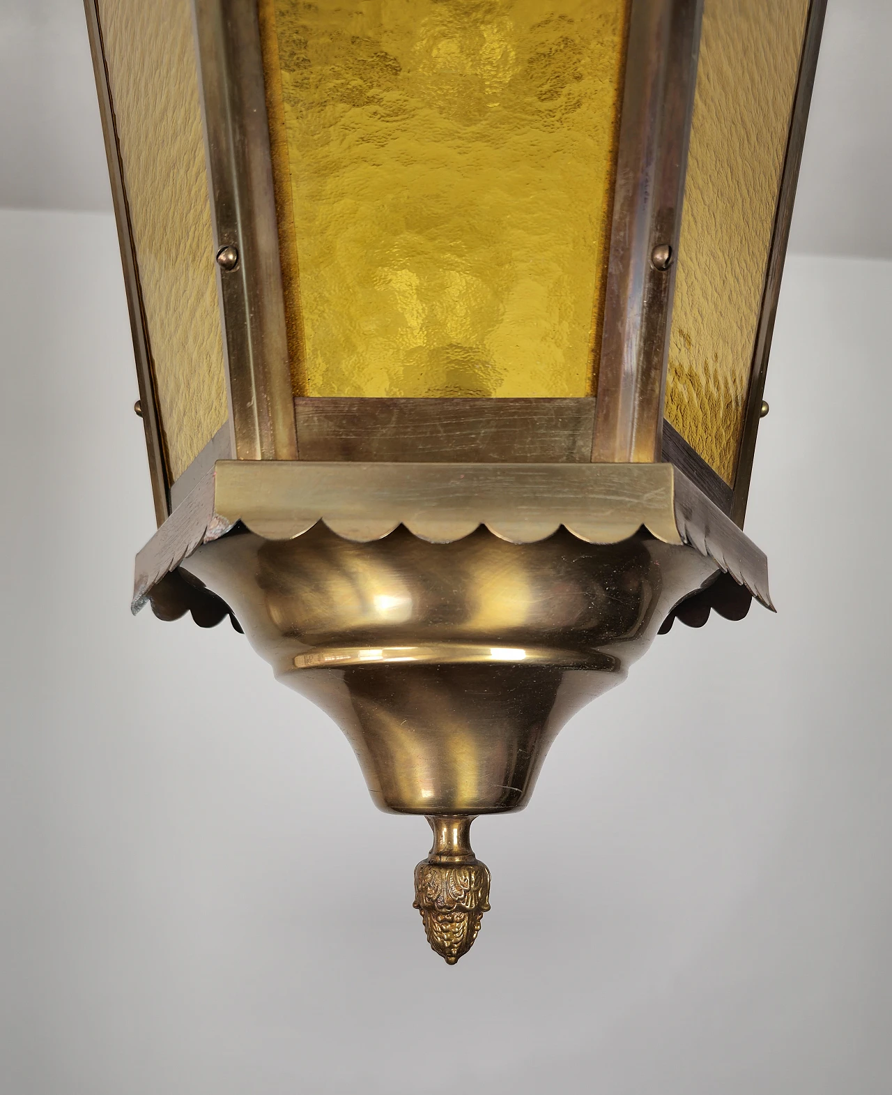 Amber cathedral glass and burnished brass lantern, 1940s 8