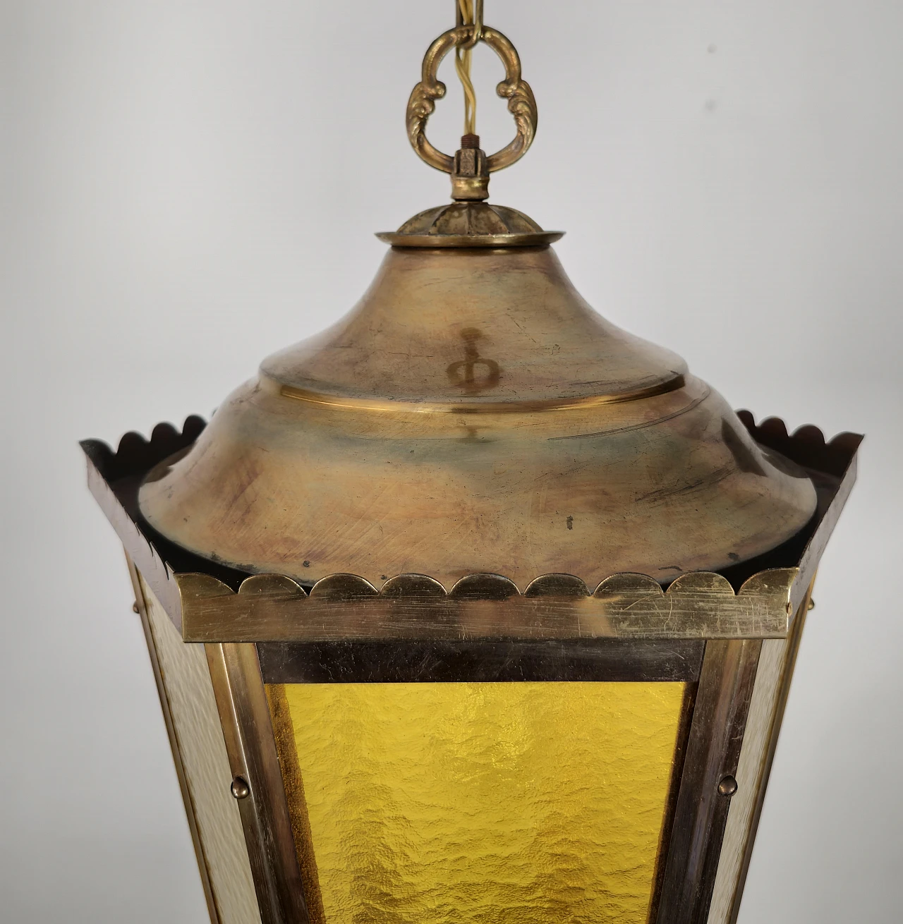 Amber cathedral glass and burnished brass lantern, 1940s 9