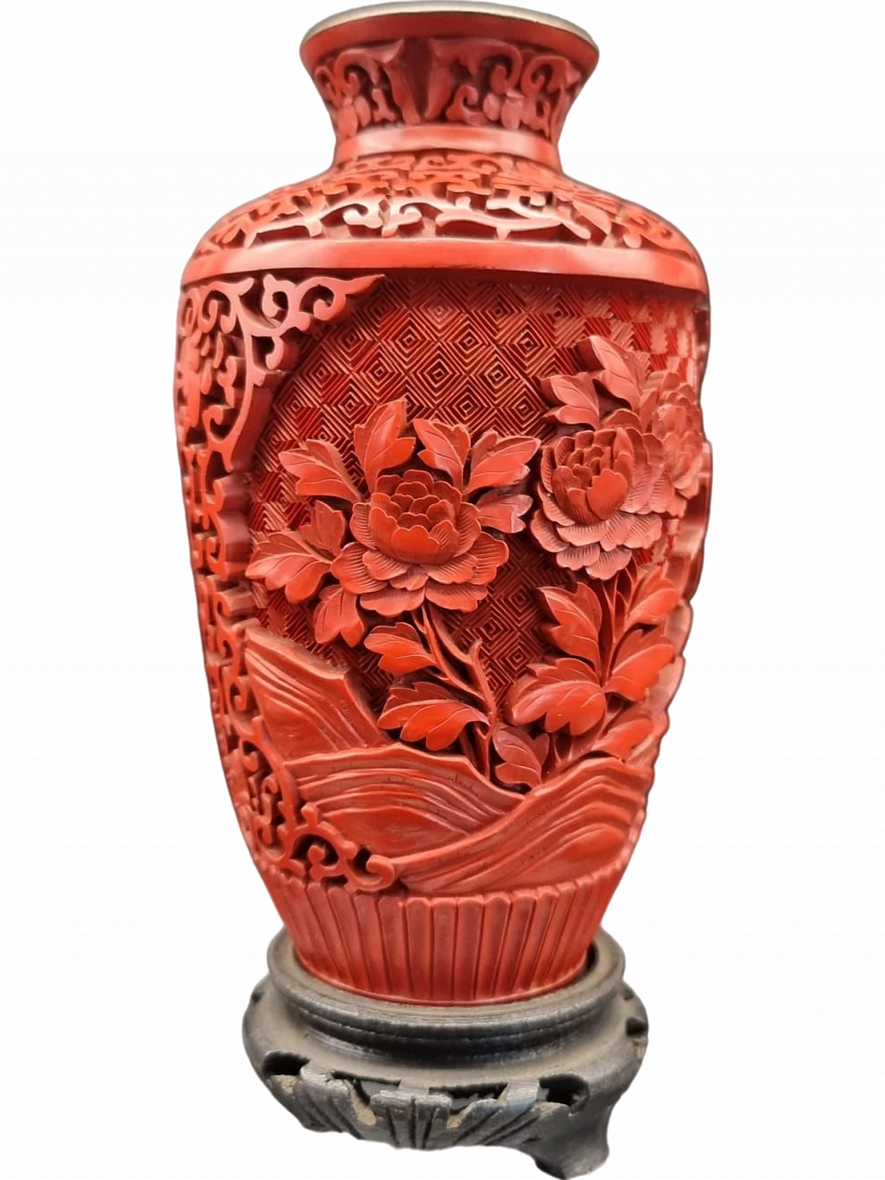 Vaso cinese in cinabro intagliato a fiori, '700 8