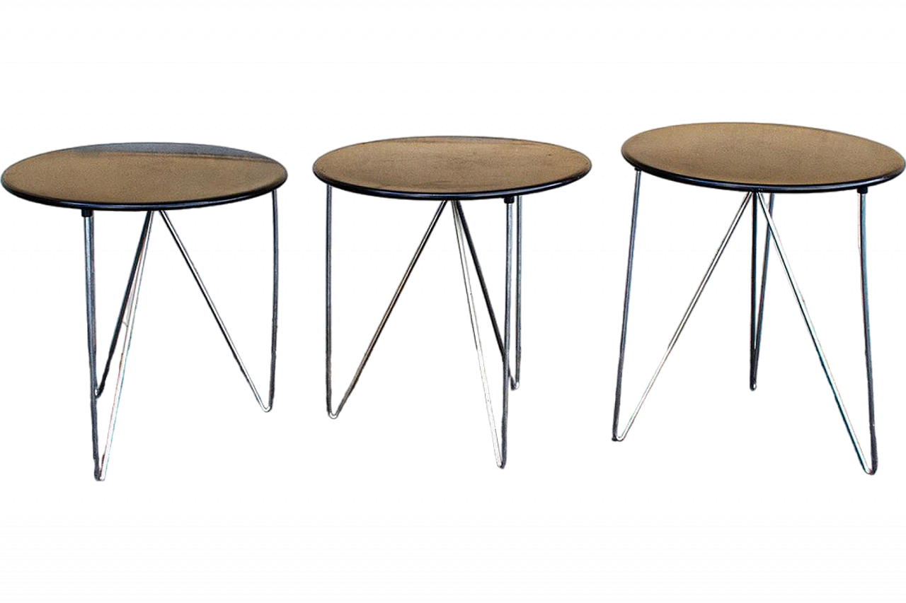 3 Round black lacquered and chromed metal coffee tables, 1980s 4