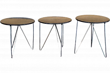 3 Round black lacquered and chromed metal coffee tables, 1980s