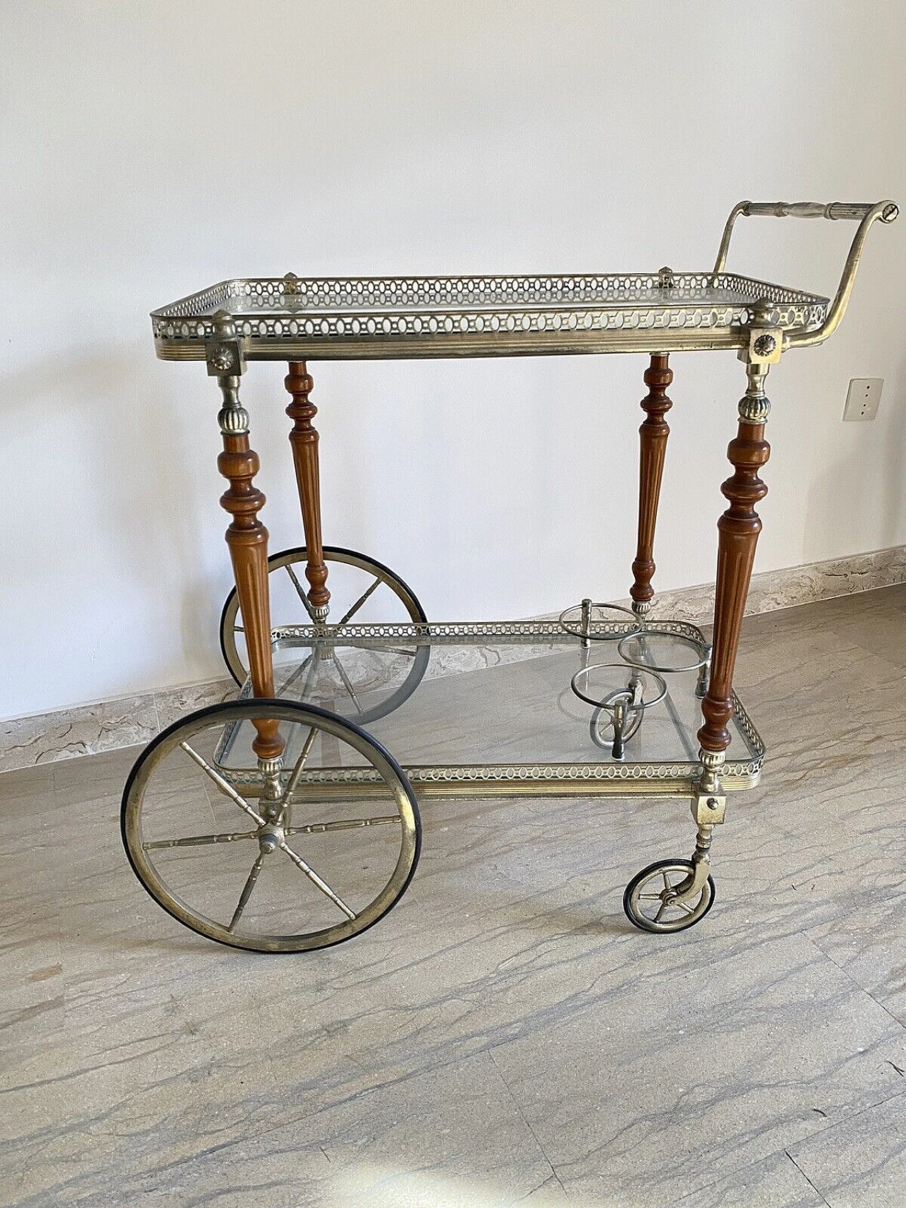 Brass, mahogany and glass bar cart by Maison Bagues, 1950s 1