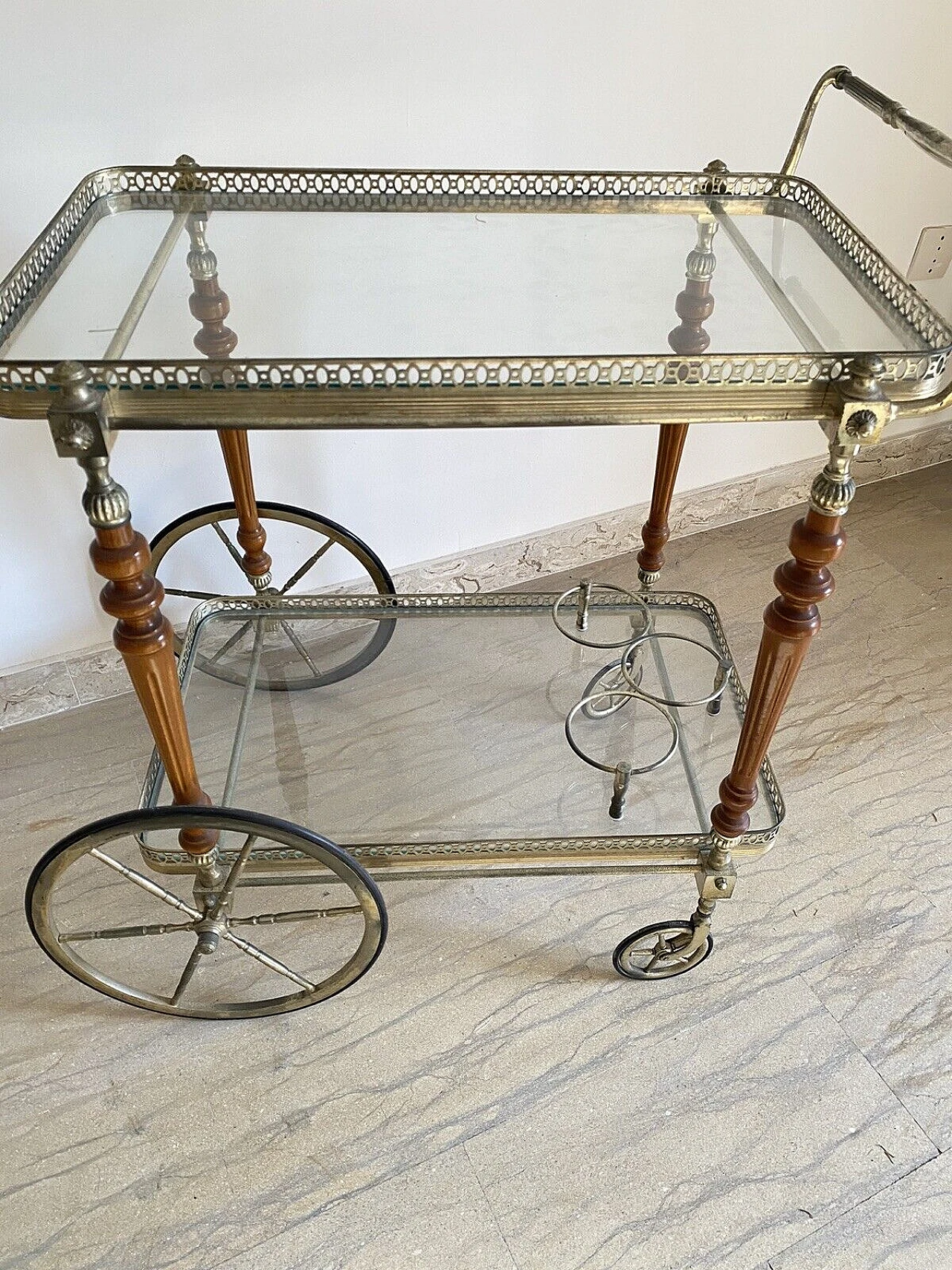 Brass, mahogany and glass bar cart by Maison Bagues, 1950s 2