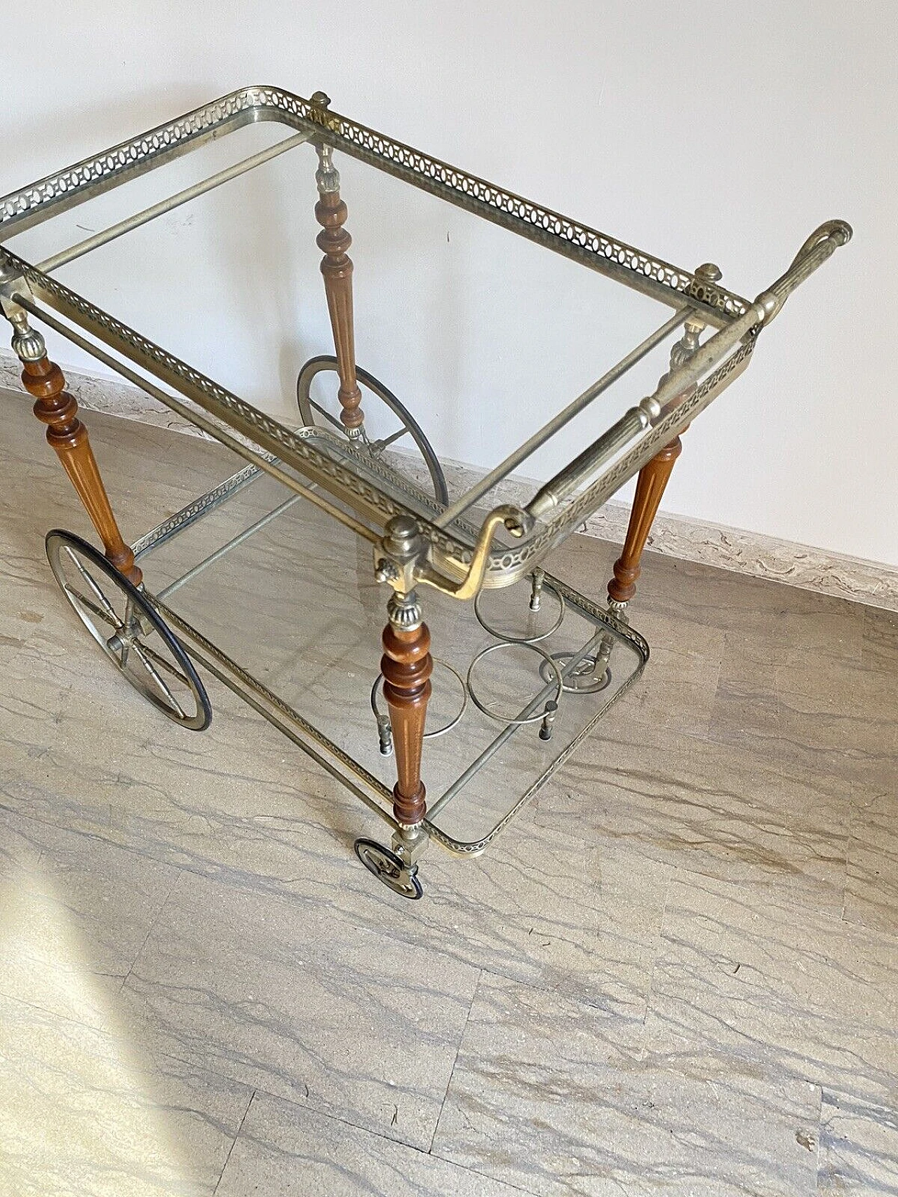 Brass, mahogany and glass bar cart by Maison Bagues, 1950s 3