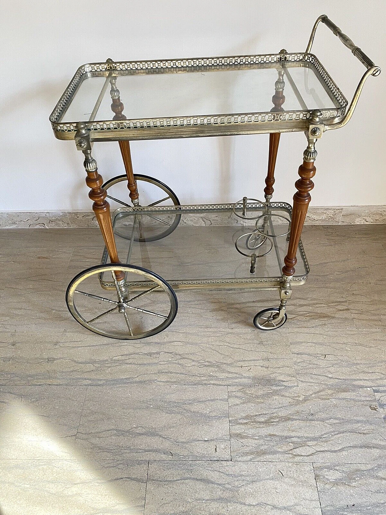 Brass, mahogany and glass bar cart by Maison Bagues, 1950s 6