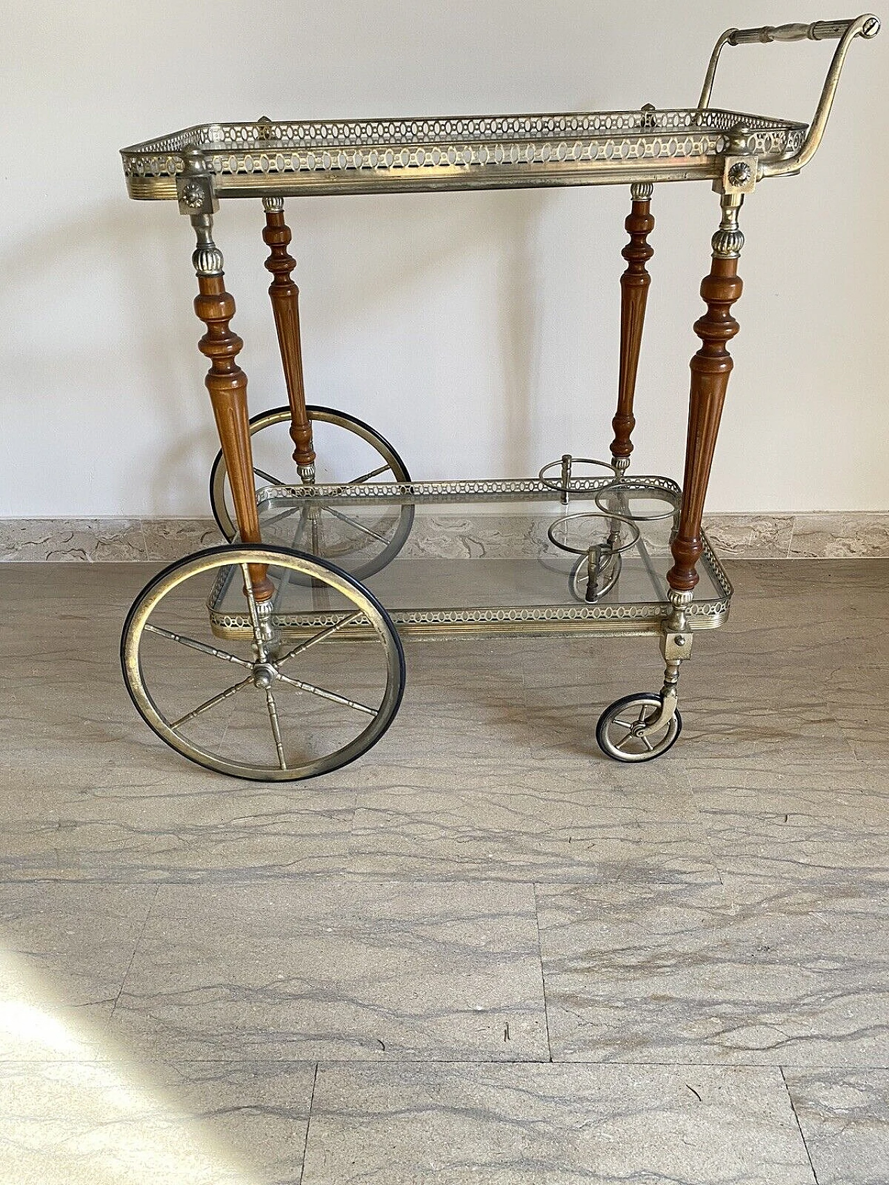 Brass, mahogany and glass bar cart by Maison Bagues, 1950s 7