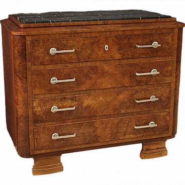 Art Deco walnut and walnut-root dresser with marble top, 1940s