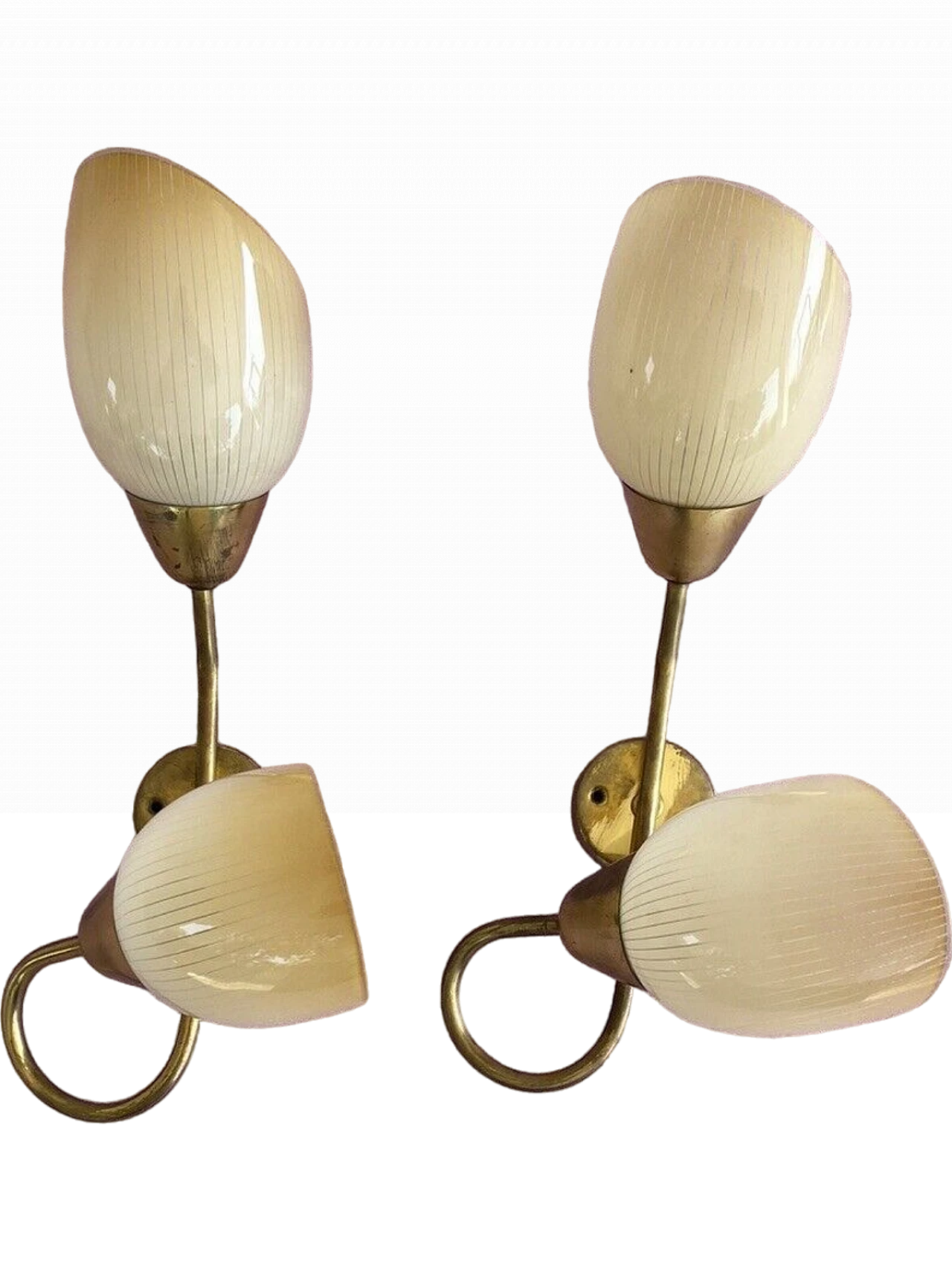 Pair of brass and Murano glass two-light wall lamps, 1970s 2