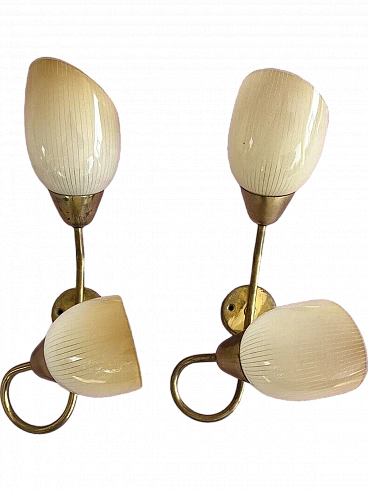 Pair of brass and Murano glass two-light wall lamps, 1970s