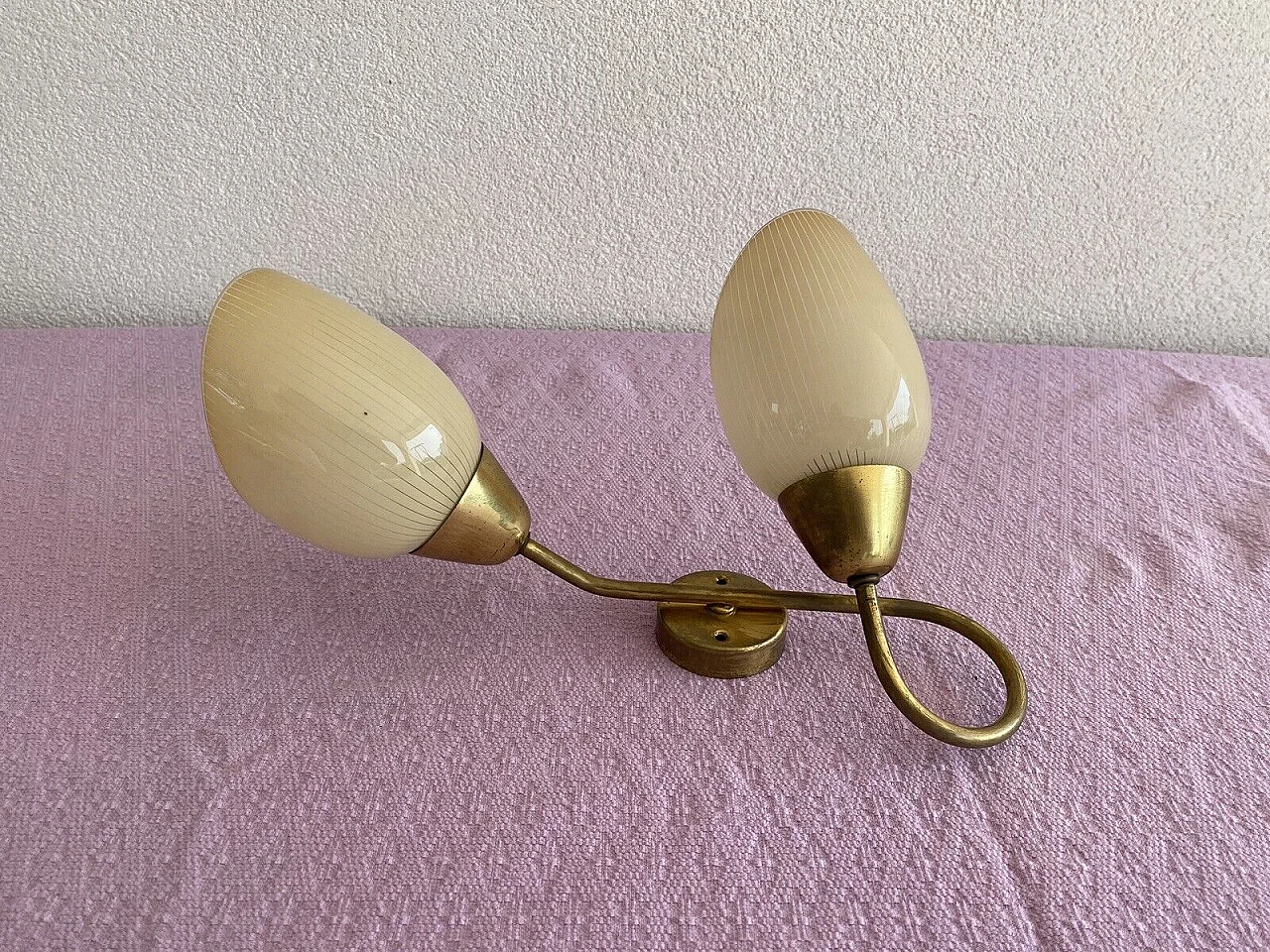 Pair of brass and Murano glass two-light wall lamps, 1970s 4