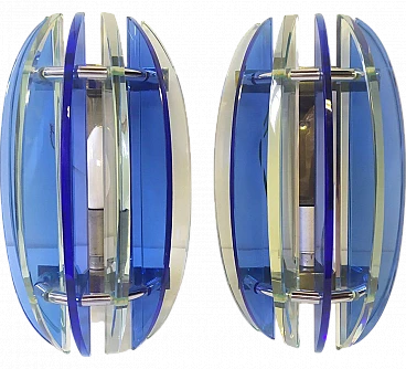 Pair of blue glass & metal wall lights by Veca, 1970s