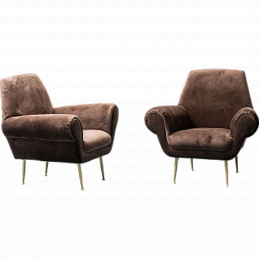 Pair of brown velvet armchairs by Gigi Radice for Minotti, 1950s