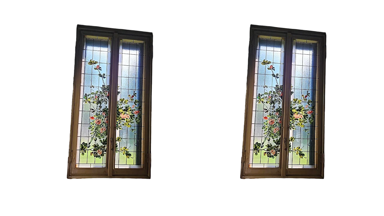 Pair of stained glass windows with hand-painted frames 12