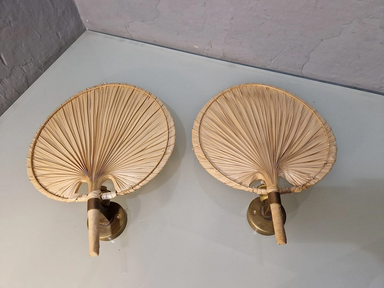 Pair of brass & bamboo applique in the style of Ingo Maurer, 1970s 1