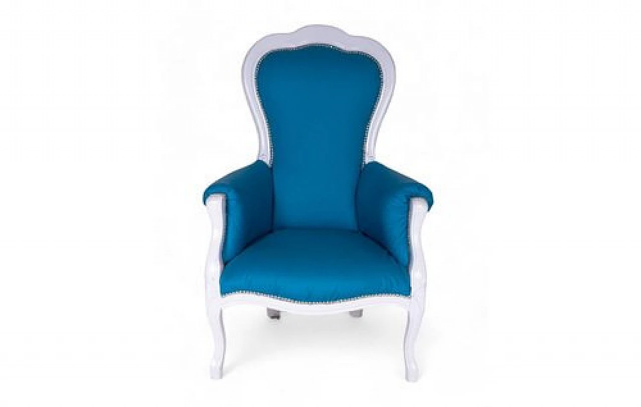 Baroque style armchair in white laquered wood & blue fabric, 2000s 1