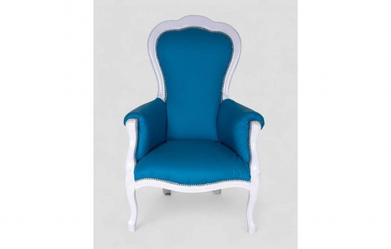 Baroque style armchair in white laquered wood & blue fabric, 2000s 2