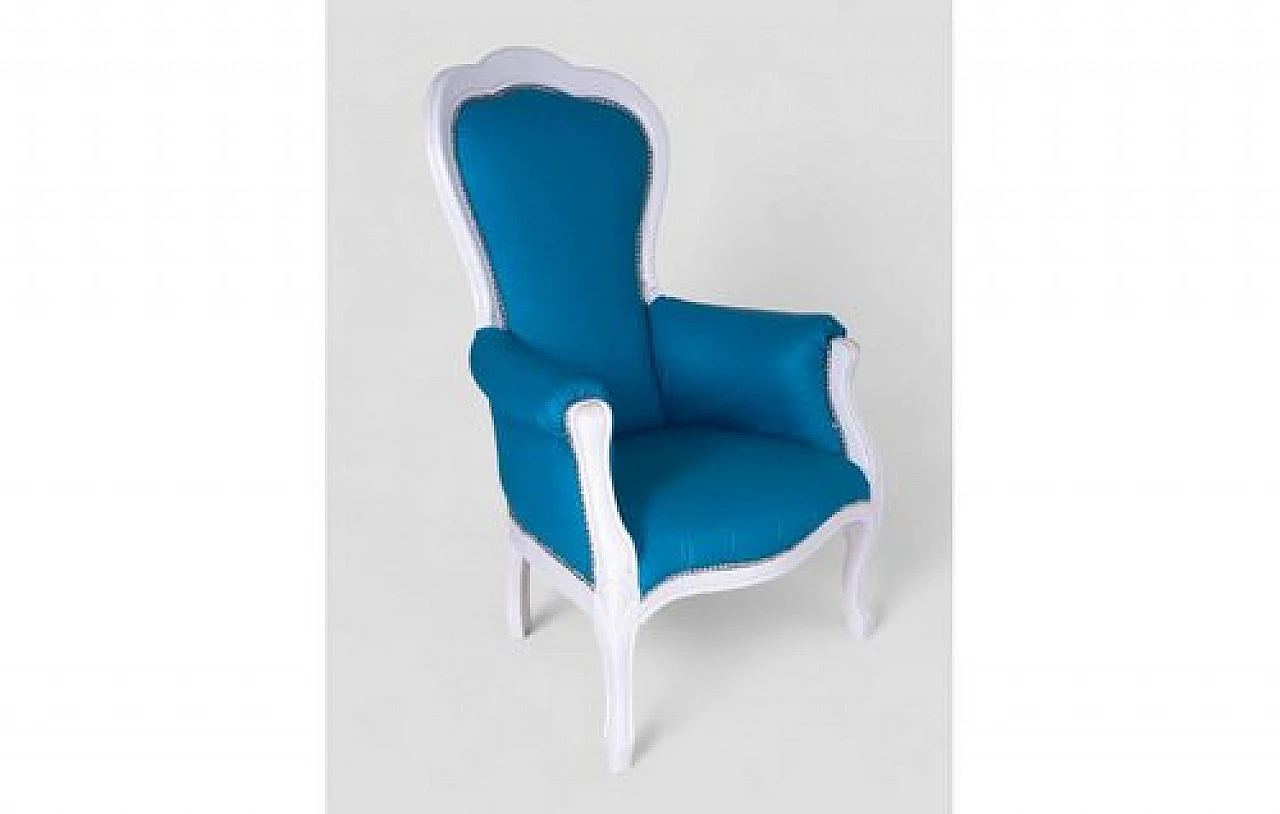 Baroque style armchair in white laquered wood & blue fabric, 2000s 3