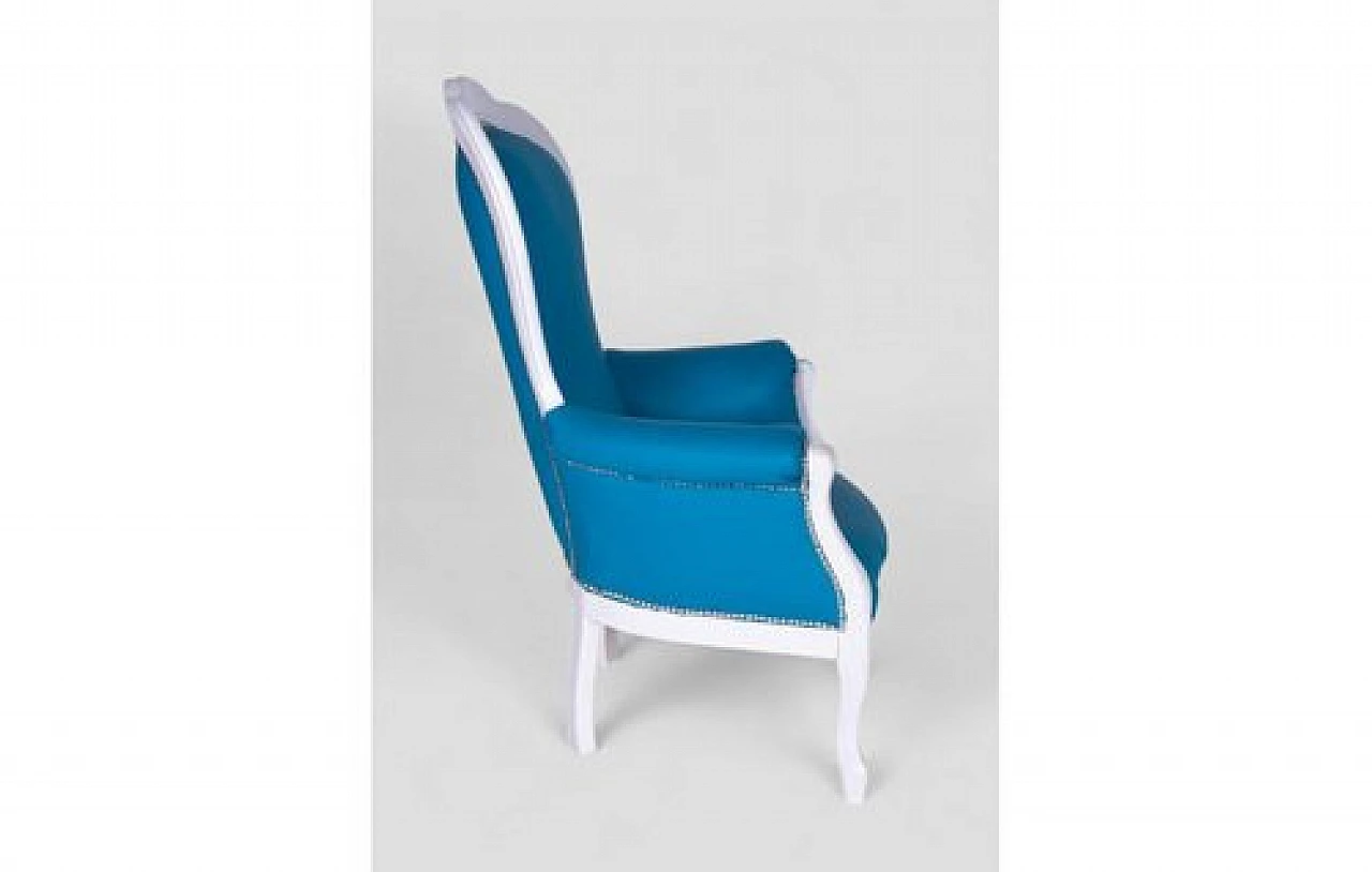 Baroque style armchair in white laquered wood & blue fabric, 2000s 4