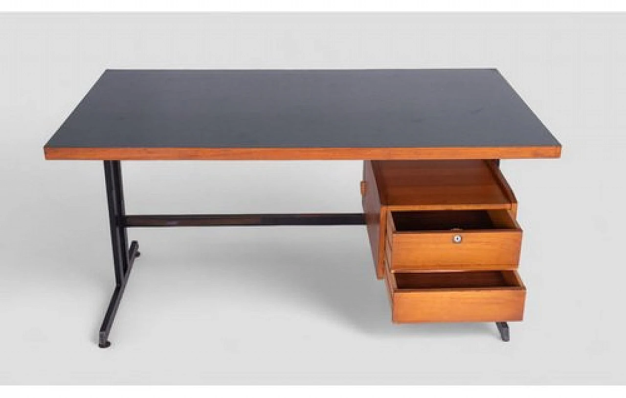 Industrial style wooden desk with drawers & metal structure, 2000s 4