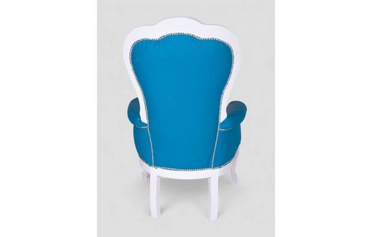 Baroque style armchair in white laquered wood & blue fabric, 2000s 5